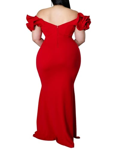 Image of Ekaliy Women's Plus Size Maxi Dress Elegant V-Neck Ruffle Sleeves Bodycon Mermaid Evening Gown