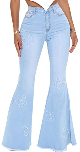 Women's Butterfly Bell Bottom Jeans Elastic High Waisted Embroidered Classic Flareed Jeans Raw Hem Denim Pants with Pocket4