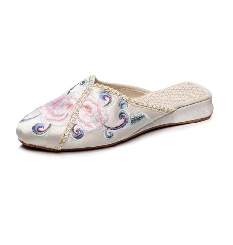 Mules plates brodées fleurs style chinois et satin pointu pour femme