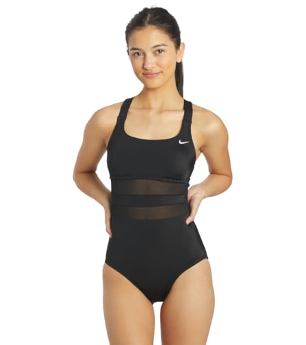 Nike Damen Mesh Solid Edge V-Back One Piece Swimsuit Badeanzug, Schwarz,...