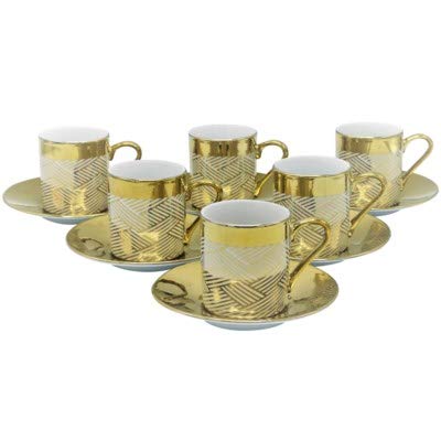 Prestige Kitchen Porcelain China Espresso Turkish Coffee Demitasse Set Of 6 Cups + Saucers With Metallic Design (Woven Gold) #TOP1
