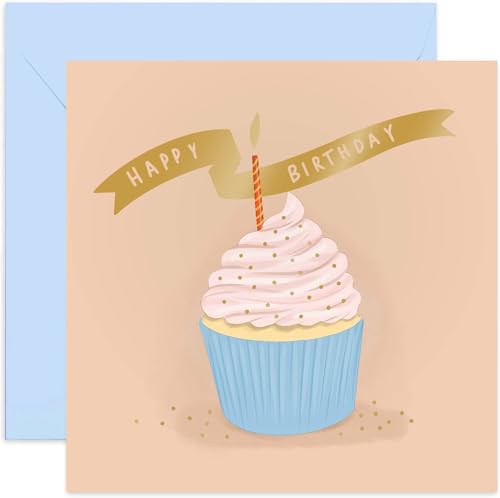 Old English Co. Cupcake Candle Birthday Card - Pastel Gold Foil Sparkle | Birthday Celebration Card for Men and Women | Blank Inside & Envelope Included