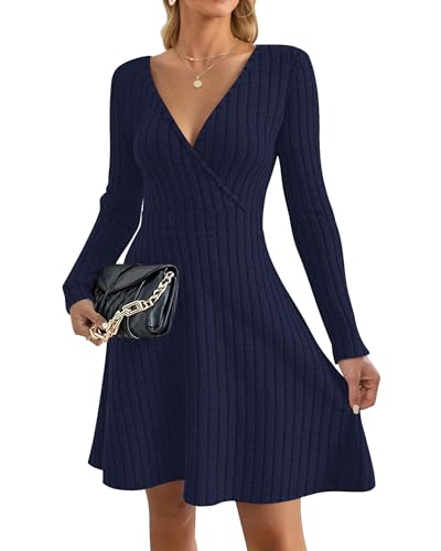 AUSELILY Strickkleid Damen Herbst Leichte Langarm V-Ausschnitt Winterkleid A Linie Elegant Herbstkleid Knielang Kleid Midi Pulloverkleid Tunikakleid...