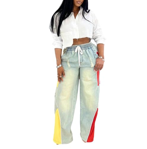 Womens Color Block Patchwork Denim High Waisted Wide Leg Pants Jeans - Main Image