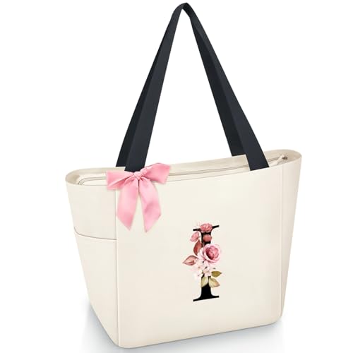 Vavabox Tote Bag, A-Z Initial Monogrammed Waterproof Tote Bag, Bridesmaid Gifts for Women, Black and Pink (I, Beige)