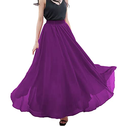 Women's A Line Full or Ankle Length Elastic Waist Pleated Fairy Chiffon Long Skirt3