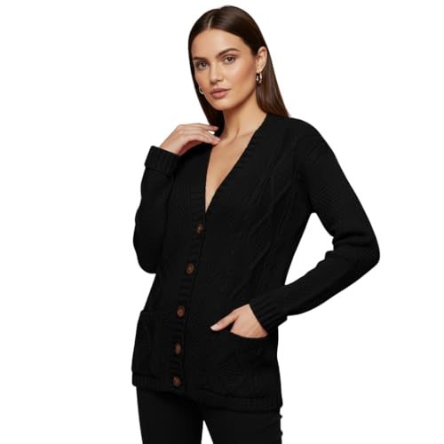 Womens Long Sleeve Button Top Cardigan Chunky Aran Cable Knit Grandad Style Sweater Everyday Casual Warm Knitted Ladies Cardigan UK Sizes 8-26