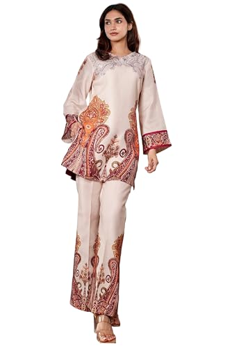 Image of GoSriKi Co Ord Set for Women Viscose Printed | Straight Kurta Palazzo Set for Woman | Round Neck Full Sleeve Ethnic Dress Stylish Coord Outfit Trendy Womens Clothing