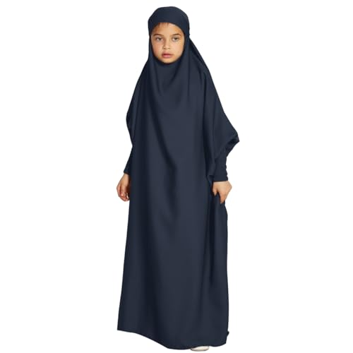 IKADEX Girls Muslim Dress One-piece Abaya Hijab Satin Hooded Kaftan Arabic Islamic Prayer Robe