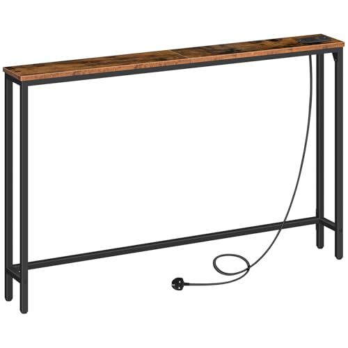 HOOBRO Console Table with Charging Station 120 cm Slim Console Table for Hallway Behind Sofa Table for Entryway Living Room Small Spaces Metal Frame Rustic Brown and Black EBF15KXG01G1