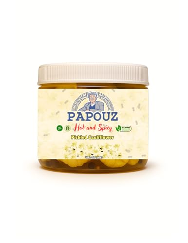 Pickled Cauliflower, Hot and Spicy, 16 FL OZ, All Natural, Low Calorie, Gluten Free, Fat Free, No Preservatives, Low Sugar, Premium Pickled Cauliflower and Cascabella Chili Peppers, Yellow Color, Snack, Side Dish, or Topping, Made By Papouz