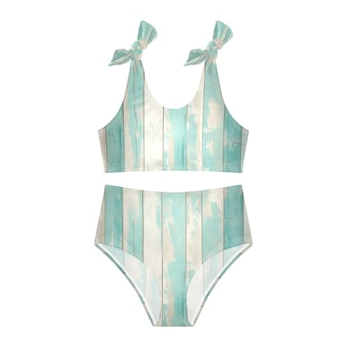 KLL Teal Turquoise Green Painted Wood Girls' 2 Piece Bikini Set Quick-Dry Swimsuit Swimwear Cute Shoulder Strap3