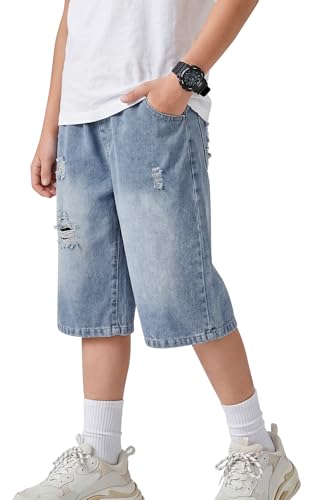 Image of SEAUR Boys Jeans Shorts Teen Baggy Jorts Casual Denim Bermuda Shorts Y2k Vintage Straight Leg Loose 10-11Years