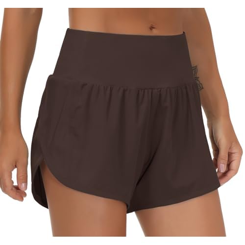 THE GYM PEOPLE Womens High Waisted Running Shorts Quick Dry Athletic Workout Shorts with Mesh Liner Zipper Pockets Brown X-Large