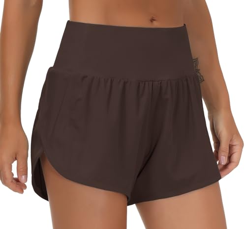 THE GYM PEOPLE Womens High Waisted Running Shorts Quick Dry Athletic Workout Shorts with Mesh Liner Zipper Pockets Brown by THE GYM PEOPLE - Used condition - US$18.06