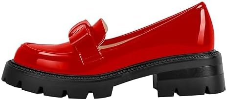 Women's Platform Chunky Loafers Patent Leather Slip on Round Toe Low Heel Comfort Shoes with Bow Detail for Work & Dressy Occasion