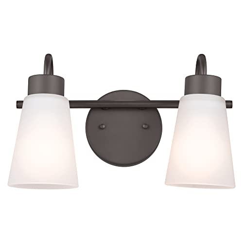 Image of Kichler Erma 2-Light Bathroom Vanity Light Fixture with Satin Etched Glass Shades, Updated Traditional Wall Sconce in Olde Bronze for Mirror (13.5 inch x 8.5 inch x 6 inch), 55125OZ