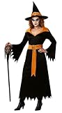 Hexenkostüm Damen Schwarz Orange - Größe XXXXL - Halloween Kostüm Hexe mit Kleid, Gürtel und Hut - Hexenkleid Fasching Karneval Verkleidung - Hexen Outfit Erwachsene