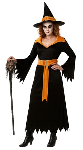 Foxxeo Hexenkostüm Damen Schwarz Orange - Größe XXL - Halloween Kostüm Hexe mit Kleid, Gürtel und Hut - Hexenkleid Fasching Karneval Verkleidung...