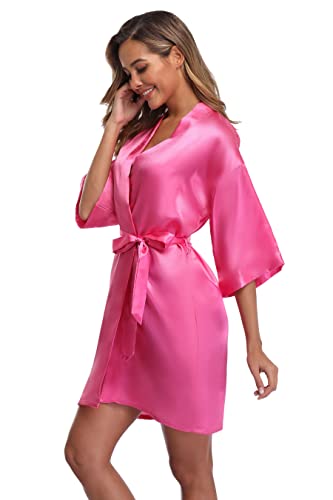 Ifigure Women's Short Kimono Robe Dressing Gown Silky Bridesmaid Robes Bathrobe, Hot Pink, Small #TOP2