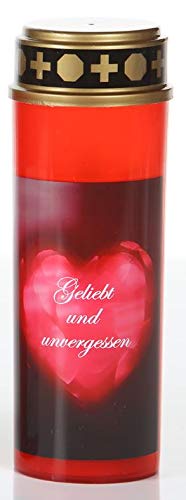 Schlaraffenland große LED Grabkerze mit Motiv, 21 cm hoch, Brenndauer von bis zu 200 Tagen, flackerlicht, Grablaterne Wind und Regenfest, Grablampe (Herz, geliebt und vergessen, rot)