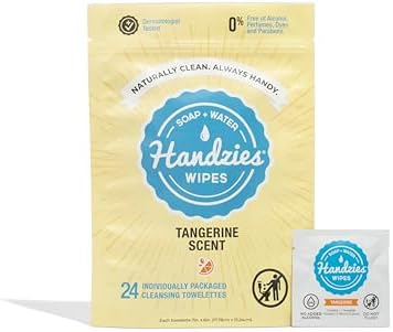 Handzies Natural Soap and Water Hand Wipes, Individually Packaged Singles, Tangerine 24ct
