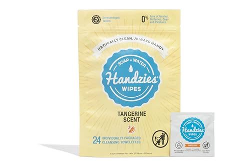 Handzies Natural Soap and Water Hand Wipes, Individually Packaged Singles, Tangerine 24ct