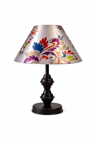 Image of tu casa Modern Table Lamp with Crimson Floral Satin Shade | Metal Iron Base Decorative lamp for Living Room| Decorative Lighting for Living Room,Designer Table Lamp for Gifting (Vivid Petal Fusion)