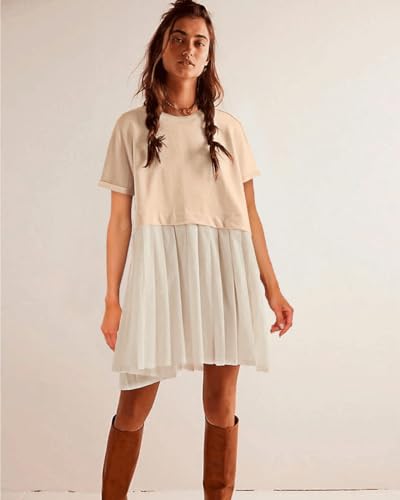 Image of SAUKOLE Womens Summer Crew Neck Short Sleeve Dress Patchwork Pleated A Line Beach Mini Dress