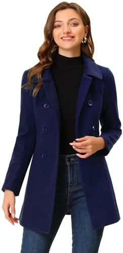 Allegra K Women's Peter Pan Collar Double Breasted Winter Long Trench Pea Coat, Navy Blue, XS