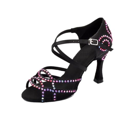 Sandales de danse latine en noir satiné avec cristaux de prestige