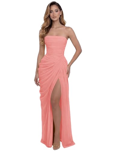 Sxvviae Corset Bridesmaid Dress with Slit Strapless Mermaid Maxi Wedding Guest Dresses for Women Long Coral US4