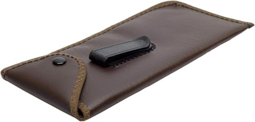 Image of Calabria Slim Snap Button Flap Eyeglass Case with Pocket Clip - Faux Leather Felt Lined | Lightweight Protective Holder | Universal Size | Brown (50 Pack)