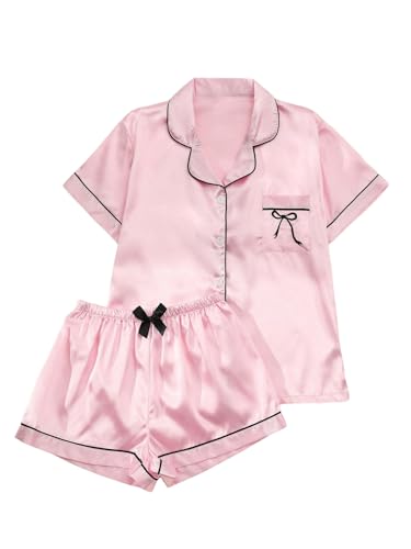 Image of MakeMeChic Women's 2 Piece Pajama Set Graphic Short Sleeve Button Down Shirt and Shorts Set Sleepwear
