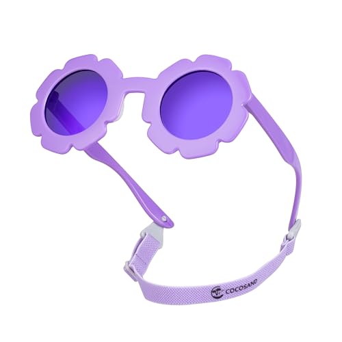 COCOSAND Toddler Sunglasses with Strap Polarized Flower Soft Silicone Nose Pads for Kids Baby Girl Age 2-6 Year Old, Heliotrope