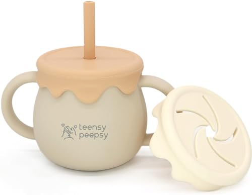 Image of teensy peepsy Honey Pot 2-in-1 Silicone Training Cup 8.5oz, Unisex Baby Sippy Cup with Straw & Snack Cup for 6 months+ Break Resistant Straw Cup, Toddler Smoothie (Sandy Beige)