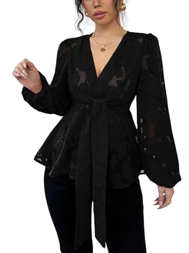Floerns Women's Floral Lace Lantern Sleeve Blouse V Neck Flared Hem Belted Peplum Tops