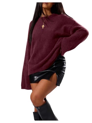 RoseSeek Womens Oversized Sweaters Crew Neck Long Sleeve Jumper Fuzzy Knit Pullover Tops Burgundy Large