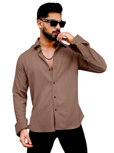 Men's Regular Fit Poly Popcorn Casual Shirt White Coffee