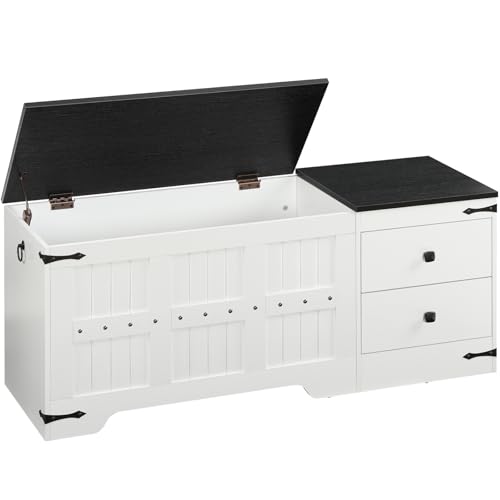 HOOBRO Wooden Toy Storage Bench, 120cm Storage Chest with Dual Drawers, Large Shoe Bench Storage Chest Trunk with Safe Hinge, Extra-Long Thick Top, Easy Assembly, White and Black WB212CW01UK