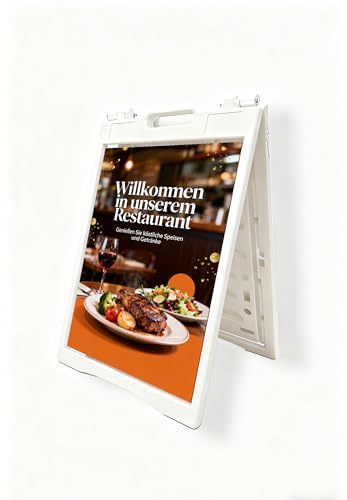 A-Rahmen-Schild, 61 cm B x 91,4 cm H, weiße Ausstellungsfläche, Sandwichboard, wetterbeständig, PVC-Schilderschutz und Sandfülllöcher, Doppelschilderständer