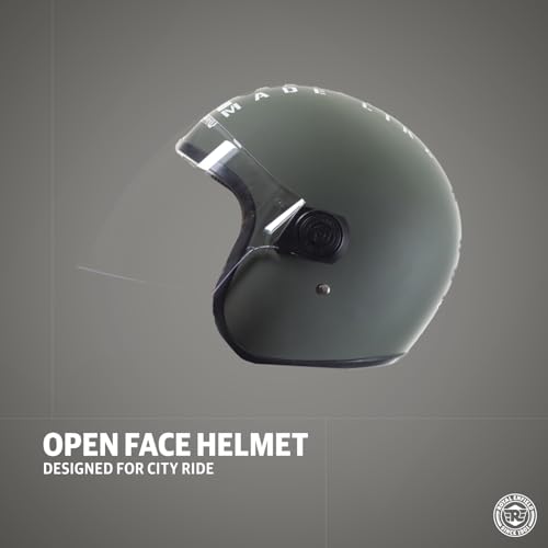 Image of Royal Enfield ISI Certified Open Face Riding MLG Helmet with Clear Visor Matt Battle Green-Impact Protection, Better Scratch Resistance, Anti-Microbial Fabric, Size: L(59-60Cm)