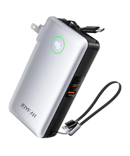 Image of Portable Charger Power Bank - Battery Pack 35W AC Plug GaN 10000mAh Built in Cable USB C Phone Fast Charging Powerbank Compatible with iPhone 16 15 14 13 12 11 X iPad MacBook Samsung (White)