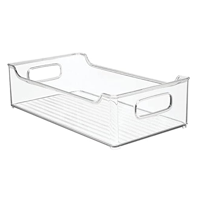 mDesign Wide Plastic Kitchen Storage Container Bins with Handles -Organization in Pantry, Cabinet, Refrigerator or Freezer Shelves - Food Organizer for Fruit, Yogurt, Squeeze Pouches - 4 Pack - Clear