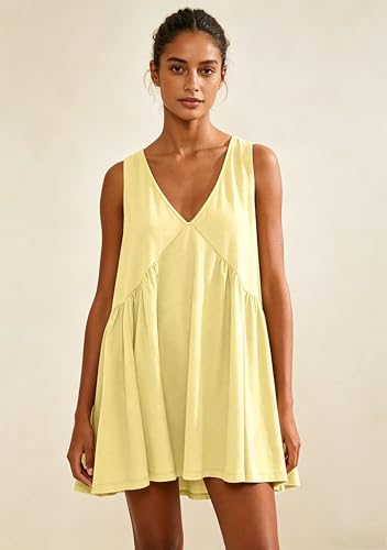 Image of Sleeveless Mini Dress for Women 2026 Summer Casual V Neck Sundress Loose Babydoll Dress with Pockets
