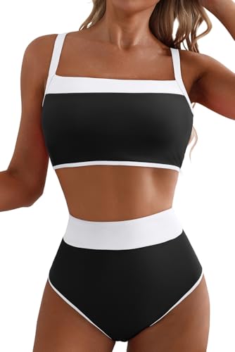 Herseas Women's Two Tone Patchwork Bikini Sets U Neck Swimsuit High Waisted Bathing Suit