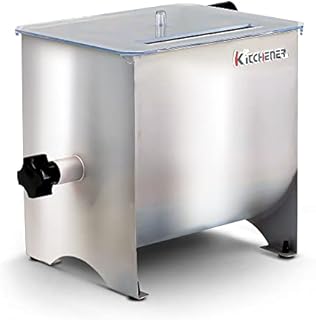 Kitchener Meat Mixer Stainless Steel Manual Hand Crank 4.2 Gallon/16L Max 17.6LBS Pound Capacity Heavy Duty Commercial Food Grade w/ 4 Removable Mixing Paddles and Clear Lid for Seasoning Meat