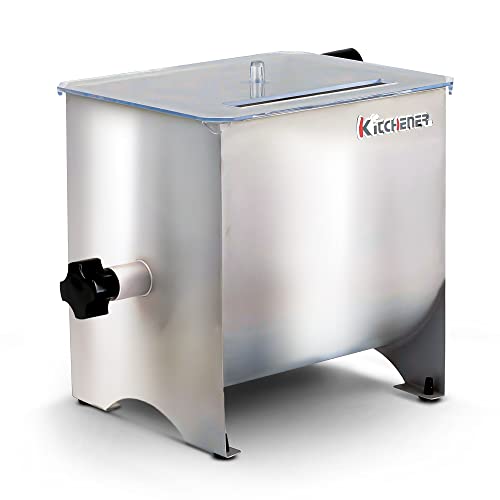 Kitchener Meat Mixer Stainless Steel Manual Hand Crank 4.2 Gallon/16L Max 17.6LBS Pound Capacity Heavy Duty Commercial Food Grade w/ 4 Removable Mixing Paddles and Clear Lid for Seasoning Meat