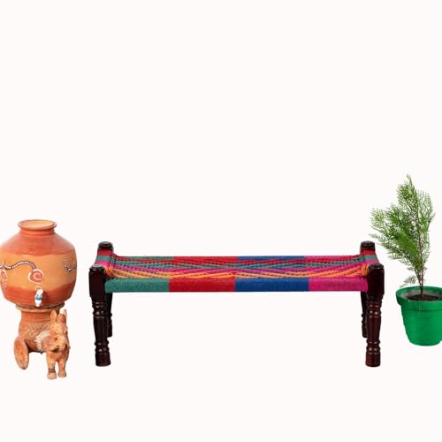 Image of Wooden Bench for Seating | Handcrafted Sheesham Wood Bench for Living Room, Balcony & Garden | Traditional Patio for Outdoor with Cotton Handwoven Rope | Colorful