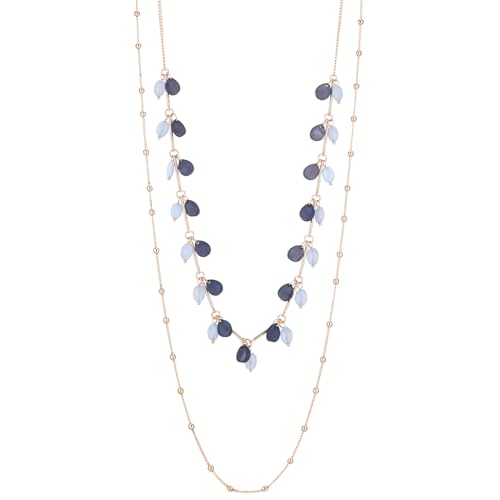 FULU AUTUMN Collier Femme Long en Or Collier Statement avec Perles Chaine Double Rang Bijoux Fantaisie pour Femme Cadeau la Fête des Mères(Blue)